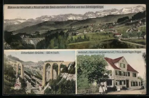 AK Bruggen, Gasthaus zum Rössli, Sittertobel-Brücke, Blick auf die Gmündertobel-Brücke