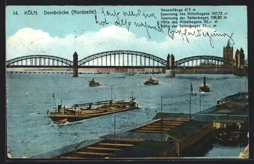 AK Köln, Dombrücke Nordseite, Rheinschiffe