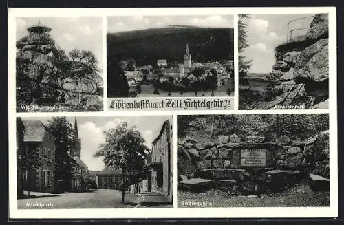 AK Zell /Fichtelgebirge, Waldsteingipfel, Marktplatz, Saalequelle