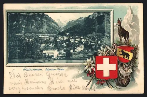 AK Interlaken, Brauerei Horn, Ortsansicht mit Gemse und Wappen