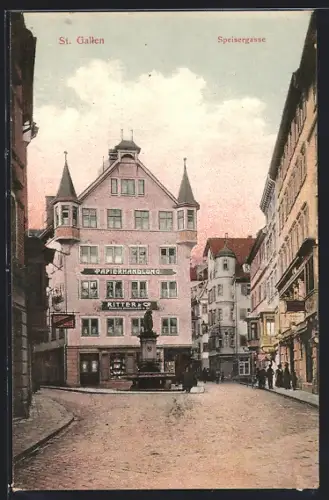 AK St. Gallen, Speisergasse mit Papierhandlung Ritter & Co.
