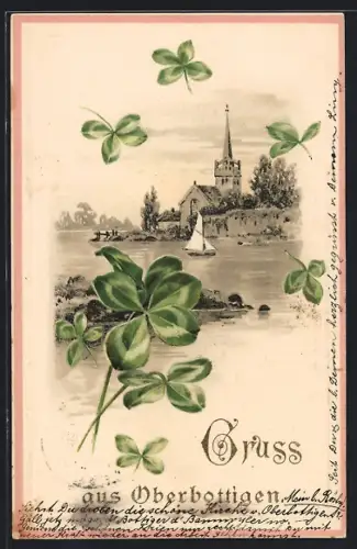 AK Fliegende Kleeblätter mit Sicht auf eine Kirche