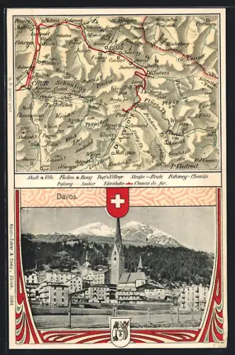 AK Davos, Teilansicht mit Kirche, Landkarte der Region