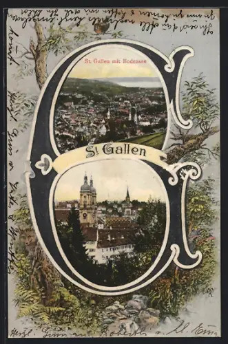 AK St. Gallen, Teilansicht mit Kirche, Panorama mit Bodensee, Buchstabe G