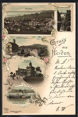 Lithographie Heiden, Gesamtansicht, Kirchplatz, Kurhaus, Dampfer auf dem Bodensee