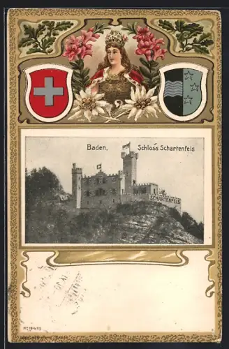 Präge-AK Baden, Schloss Schartenfels, Passepartout mit Helvetia, Edelweiss und Wappen