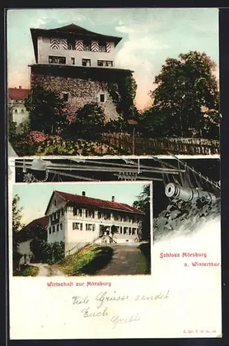 AK Winterthur, Gasthaus zur Mörsburg, Schloss Mörsburg, Kanone