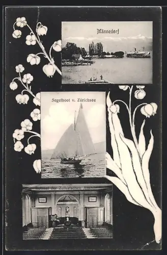 AK Männedorf, Blick auf den See, Segelboot v. Zürichsee, Betsaal der Zeller`schen Anstalt, Blumen-Passepartout