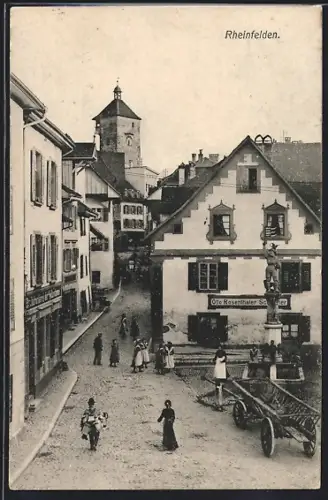 AK Rheinfelden, Strassenpartie mit Geschäft Otto Rosenthaler, Buchdruckerei der Volksstimme und Kirche