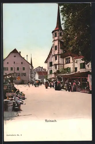 AK Reinach /AG, Marktplatz am Markttag