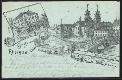 Künstler-AK Rheinau, Blick auf Klosterkirche und Schulhaus