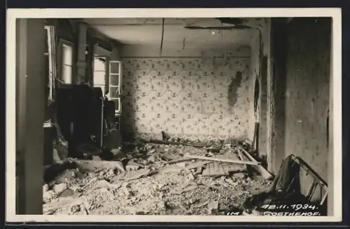 AK Wien XXII, Goethehof, zerstörtes Zimmer am 12.2.1934