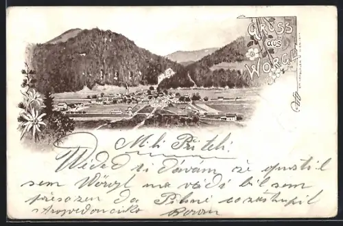 AK Wörgl, Panorama mit Gebirgshintergrund