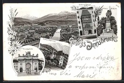 Lithographie Innsbruck, Triuphpforte, Schloss Weiherburg, Goldenes Dachel, Panorama