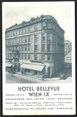 AK Wien, Hotel Bellevue, gegenüber dem Franz Josef-Bahnhof