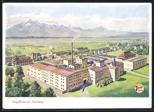 Künstler-AK Salzburg, Stieglbrauerei aus der Vogelschau