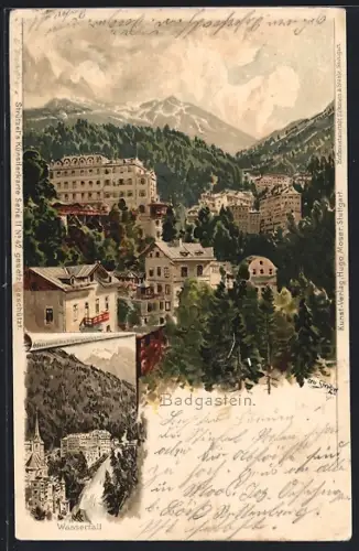Künstler-AK Otto Strützel: Badgastein, Teilansicht, Wasserfall