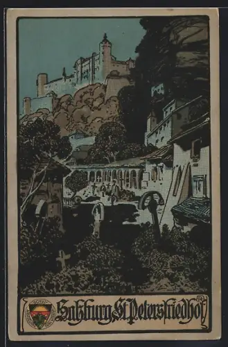 Steindruck-AK Deutscher Schulverein NR 312: Salzburg, Partie auf dem St. Petersfriedhof