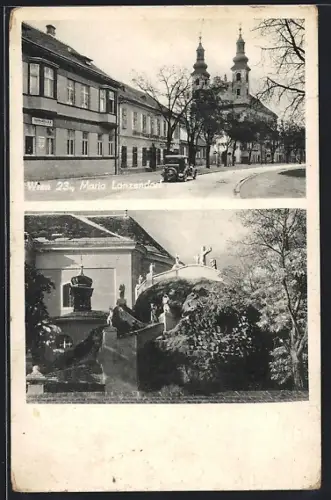 AK Maria Lanzendorf, Strassenpartie mit Zahn-Atelier und Kirche, Ortspartie