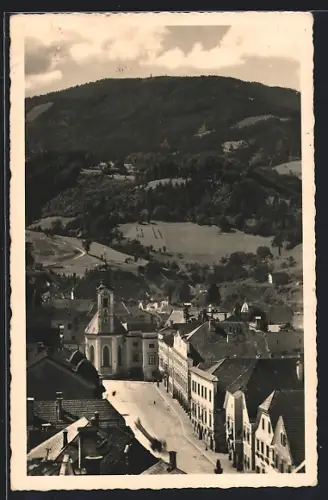 AK Weyer a. d. Enns, Strassenpartie mit Kirche aus der Vogelschau
