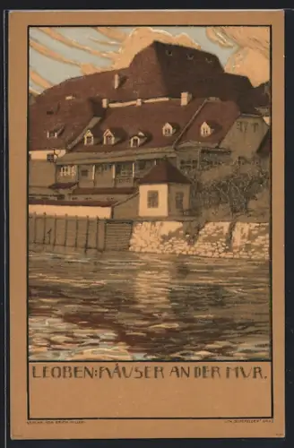 Künstler-AK Leoben, Häuser an der Mur