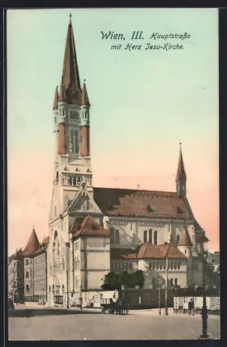 AK Wien, Hauptstrasse mit Herz Jesu-Kirche