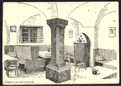 Künstler-AK Salzburg, Cafe Altstadt, Strasse Judengasse 12, Innenansicht