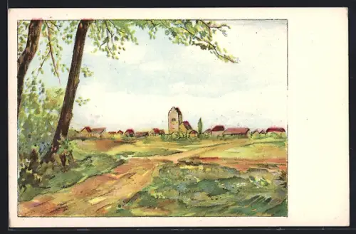 Künstler-AK Lamprechtshausen, Ortspartie mit Kirche