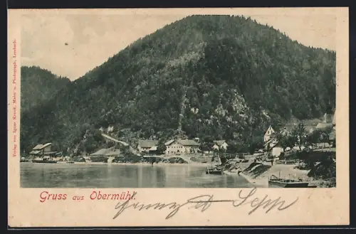 AK Kirchberg ob der Donau, Obermühl, Uferpartie mit Bergen