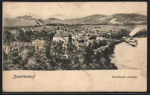 Künstler-AK Zwentendorf, Teilansicht mit Kirche