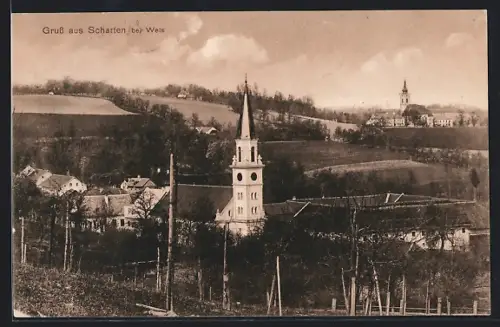 AK Scharten /O.-Oe., Aussicht vom Weinhang auf die Kirche