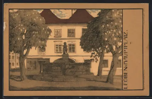 AK Leoben, Hauptplatz mit Brunnen, Haus und Bäumen