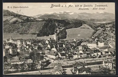 AK Bruck a. d. Mur, Panorama mit Hauptplatz und Hotel Strauss