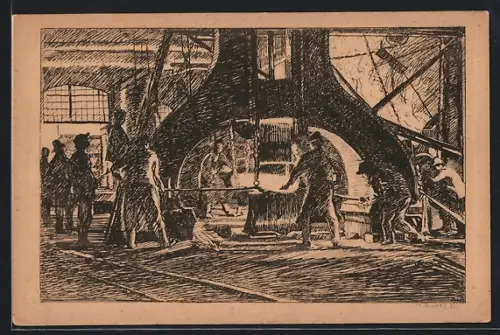Künstler-AK Ternitz, Fabrikarbeiter in der Blockhammerschmiede, Werk Ternitz