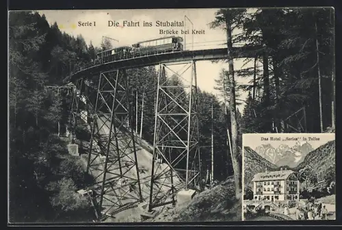AK Telfes, Hotel Serles, Bahnbrücke bei Kreit