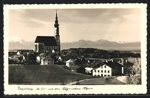 AK Eggelsberg, Ortsansicht mit den Bayerischen Alpen