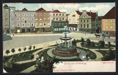 Künstler-AK Schärding, Oberer Stadtplatz mit Rathaus