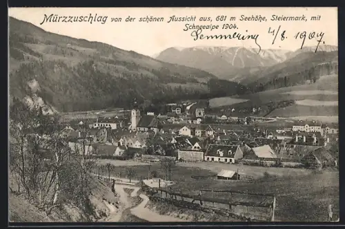AK Mürzzuschlag /Steiermark, Panorama von der Schönen Aussicht aus mit Schneealpe