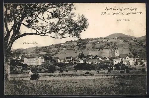 AK Hartberg, Teilansicht mit Bürgerschule, Blick zur Ring-Warte