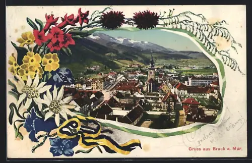 AK Bruck a. Mur, Teilansicht aus der Vogelschau, Rahmen, Bergblumen, schwarzgelbe Schleife