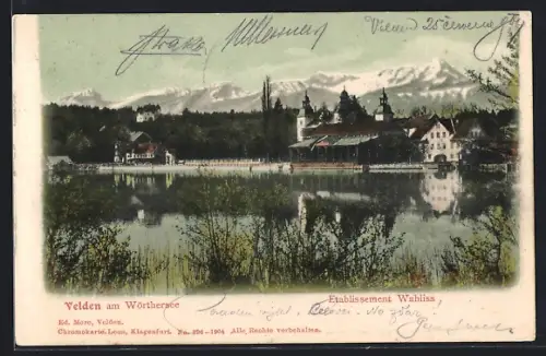 AK Velden am Wörthersee, Gaststätte Etablisssement Wahliss, Panorama vom Wasser aus