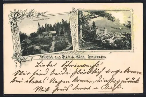 AK Maria-Zell /Steiermark, Schutzhaus am Bürgeralpel, Totalansicht, Rahmen, Edelweiss