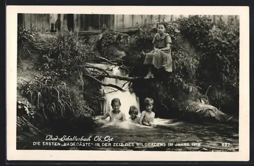 AK Bad Schallerbach /O.-Ö., Kleine Badegäste am Wasserfall, 1918