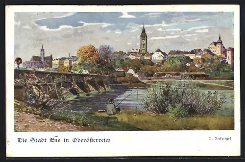 AK Deutscher Schulverein Nr. 816: Enns, Gesamtansicht mit Kirche, Angler am Ufer