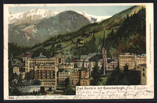 Lithographie Bad Gastein, Totalansicht mit Gamskarkogel aus der Vogelschau
