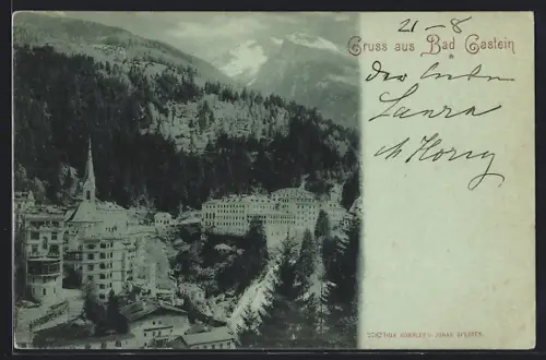 AK Bad Gastein, Teilansicht mit Kirche u. Wasserfall aus der Vogelschau