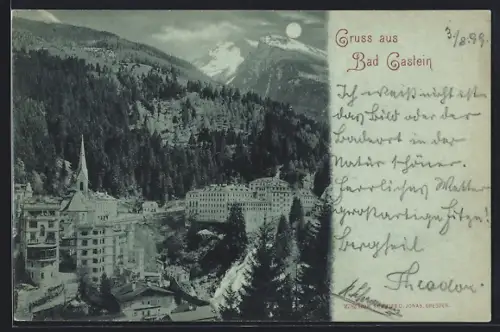 Mondschein-AK Bad Gastein, Teilansicht mit Bergpanorama u. Wasserfall