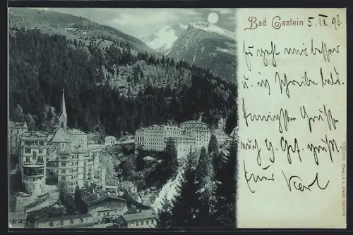 Mondschein-AK Bad Gastein, Teilansicht mit Bergpanorama u. Wasserfall aus der Vogelschau