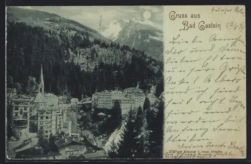 Mondschein-AK Bad Gastein, Ortsansicht mit Kirche u. Wasserfall