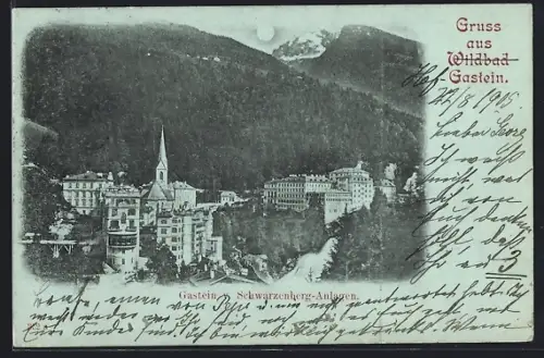 Mondschein-AK Bad Gastein, v. Schwarzenberg-Anlagen aus der Vogelschau